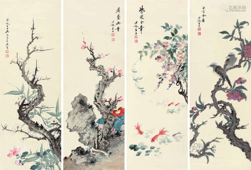 吴琴木（1894～1953） 吉语花鸟 （四帧） 镜片 设色纸本