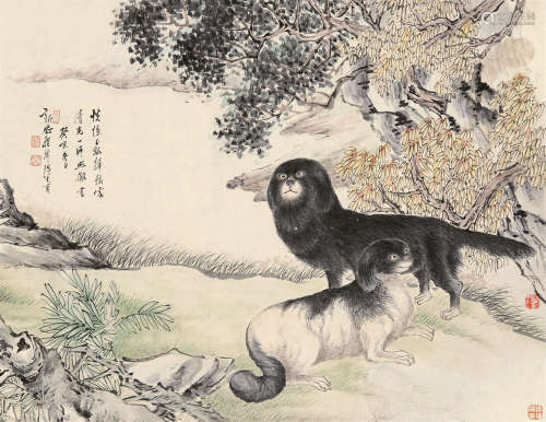 程璋（1869～1938） 1923年作 双犬图 立轴 设色纸本