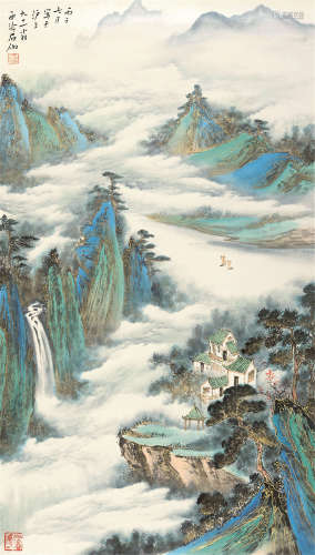 申石伽（1906～2001） 1996年作 翠岭晴云 镜片 设色纸本