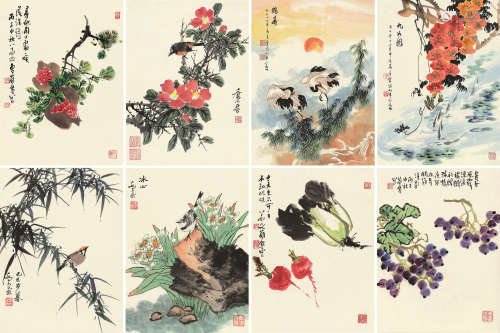 乔木（1920～2002）  曹简楼（1913～2005）  吴青霞（1910～2008） 花鸟册 册页 设色纸本