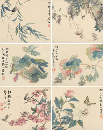 陆恢（1851～1920） 拟古花鸟册 册页 设色纸本