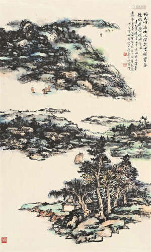 王康乐（1907～2006） 1994年作 舟中遇雨图 单片 设色纸本