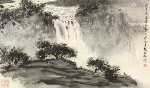 傅抱石（1904～1965） 1961年作 松山飞瀑图 镜片 水墨纸本