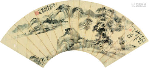陆恢（1851～1920）  吴大澂（1835～1902） 松山秋树图 扇片（镜框） 水墨纸本
