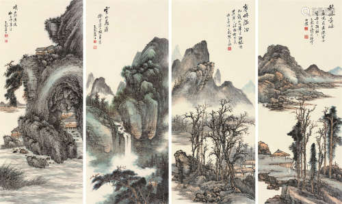 张石园（1898～1959） 山水 （四屏） 条屏 设色纸本