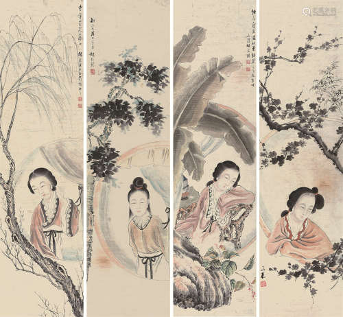 胡锡珪（1839～1883） 仕女 条屏 设色纸本