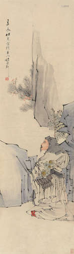 任薰（1835～1893） 策杖采菊图 条屏 设色纸本