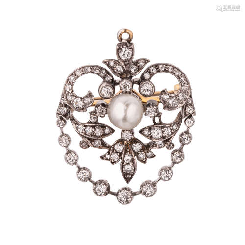 维多利亚时期野生珍珠配钻石胸针