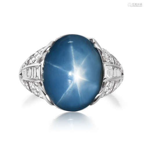 Artdeco时期18K白金星光蓝宝石配钻石戒指