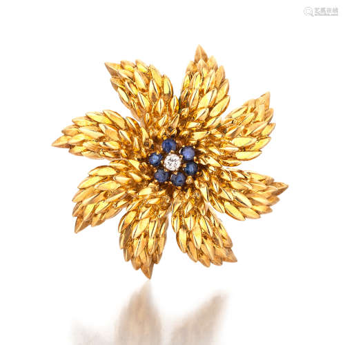Tiffany18K黄金钻石配蓝宝石花型胸针