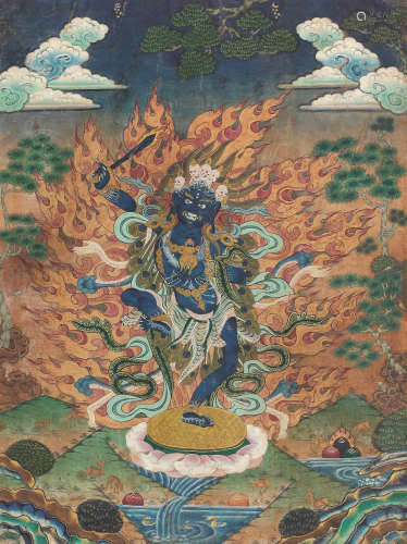 苯教智慧怒母唐卡 藏东18世纪