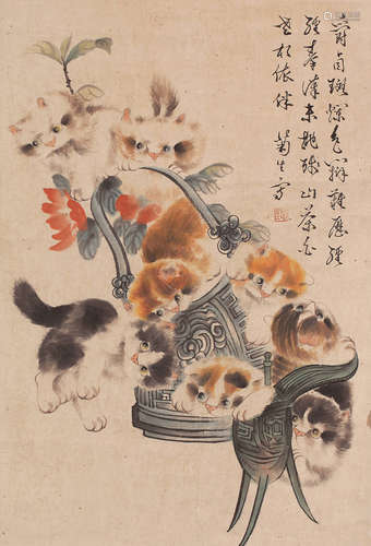 孙菊生（b.1913） 猫戏图 镜心 设色纸本