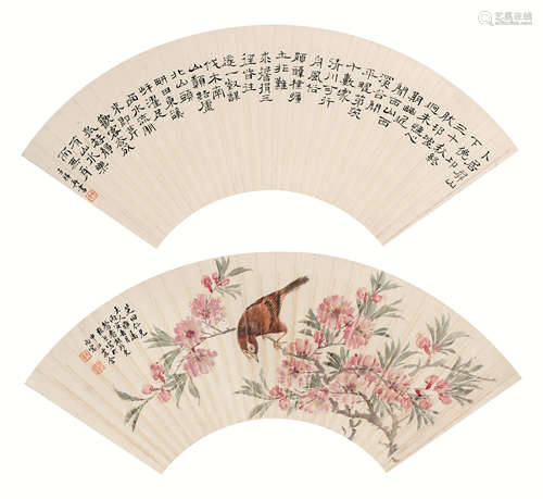 张熊（1803-1886） 花雀扇面双挖 立轴 设色纸本 1866年作