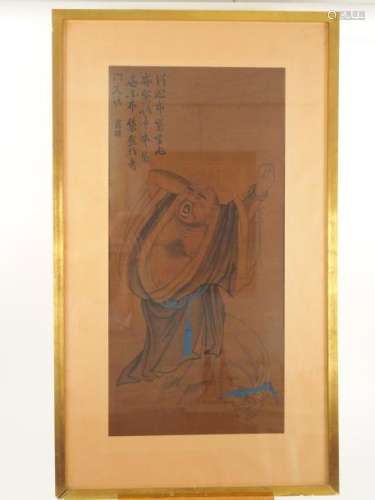 Deux peintures chinoises : l'une représentant Buddha (signature apocryphe Luo Pin) ; l'autre représentant un pêcheur (signature apocryphe Shangguan Zhou). <br/>74,5 x 35,5 cm