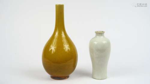 Deux vases en porcelaine émaillée l'un jaune craquelé de forme bouteille, l'autre blanc de forme meiping.<br/>Chine, dynastie Qing, XIX ème siècle.<br/>H. 24 et 18 cm