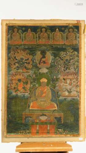Tangka représentant un lama important de l'école Nyingmapa entouré de divers lamas et de divinités tantriques <br/>Tibet, XVIII ème siècle.<br/>63 x 41 cm (image)