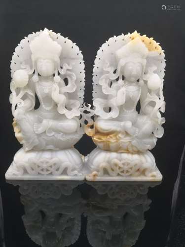 A Pair of Carved White Jade Guanyin Statues