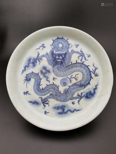 A Blue And White Dragon Dish