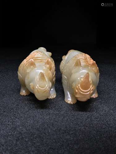 Two Carved Hetian Jade Rhinoceros