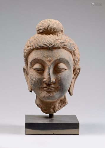 Tête de Boddhisattva coiffée d'une importante chevelure bouclée retenue en un chignon au sommet du crane symbolisant la protubérance crânienne ushnisha. Pierre schiste gris. Art Gré Bouddhique du Gandhara. Afghanistan. 3 ème à 5 ème siècle. Accidents et manques.  35 cm