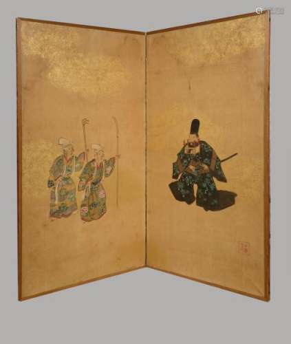Nikyoku Byobu, paravent à deux feuilles illustrant un samouraï et de rônins. Pigments polychromes sur papier soupoudré d'or. Japon. Période Edo. 19 ème siècle. Cachet. 136x146cm.