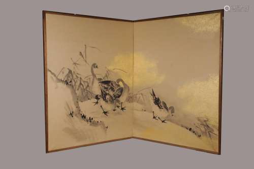 Nikyoku Byobu, paravent à deux feuilles illustré d'une réunion d'oies sauvages au bord d'un lac. Encre sur papier saupoudré d'or. Japon. Période Meiji. Début 20 ème siècle. L119xHt 94cm. 48