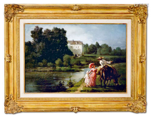 阿道夫·拉利 1878年作 河畔的淑女和骑士 巴黎布面油画