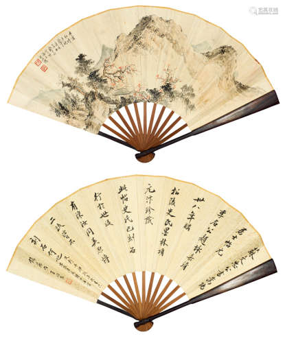 郑午昌（1894～1952）  王同愈（1856～1941） 山水 书法 成扇 设色纸本