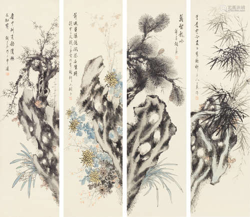 胡公寿（1823～1886） 花卉 四条屏立轴 设色纸本