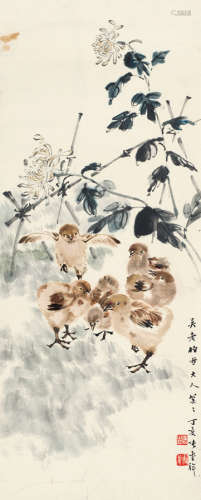 张书旂（1900～1957） 丁亥（1947年）作 菊花群鸡图 镜框 设色纸本