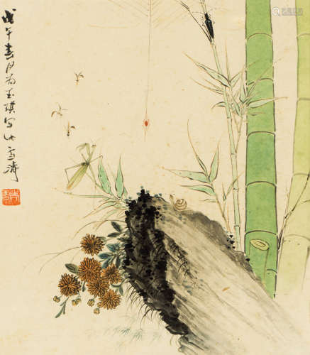 王雪涛（1903～1982） 戊午（1978年）作 花卉草虫 镜框 设色纸本