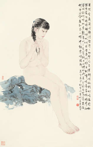 何家英（b.1957） 戊寅（1988年）作 女人体 镜心 设色纸本