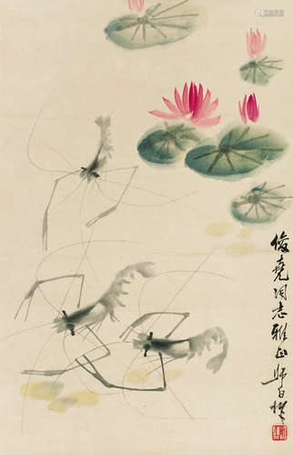 娄师白（1918～2010） 荷花游虾 立轴 设色纸本