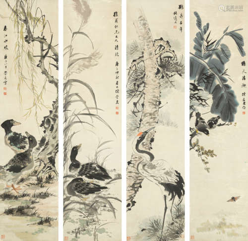 陈崇光（1838～1896） 庚午（1870年）作 花鸟 四条屏镜片 设色纸本