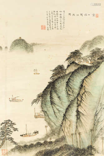 贺天健（1891～1977） 辛丑（1961年）作 京口北固江流图 镜框 设色纸本