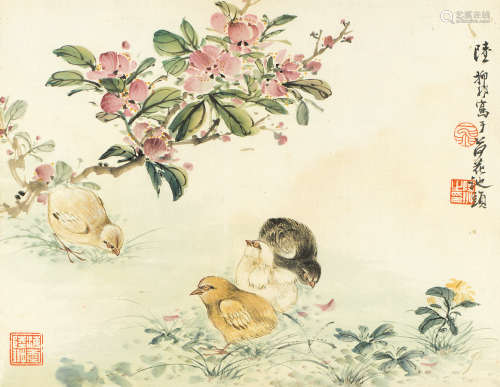 陆抑非（1908～1997） 群鸡图 镜框 设色纸本