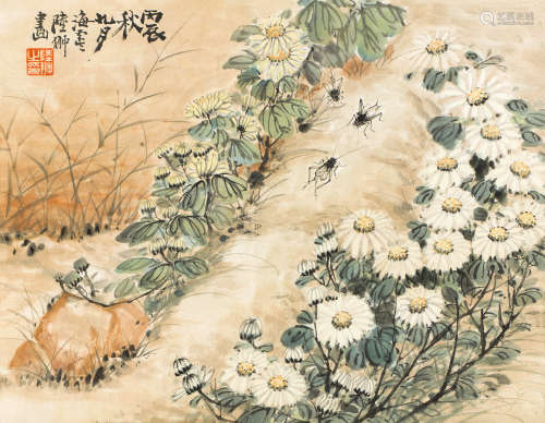 陆抑非（1908～1997） 丙辰（1976年）作 花卉草虫 镜框 设色纸本