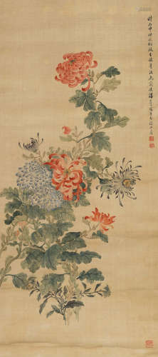 汤世澍（1831～1903） 丙申（1896年）作 花卉 立轴 设色绢本