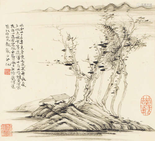 陆俨少（1909～1993） 枯树茅亭图 镜框 水墨纸本