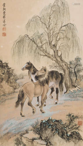 溥佺（1913～1991） 柳荫双骏图 镜框 设色纸本
