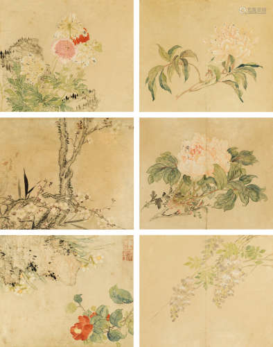 王武（1632～1690） 花卉 （六帧） 镜框 设色纸本