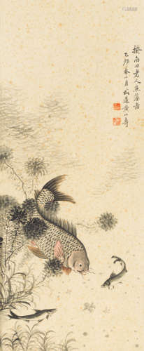 黄山寿（1855～1919） 乙卯（1915年）作 鱼藻图 镜框 设色纸本