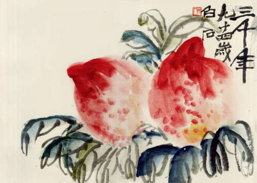 齐白石（1864～1957） 双寿图 镜框 设色纸本