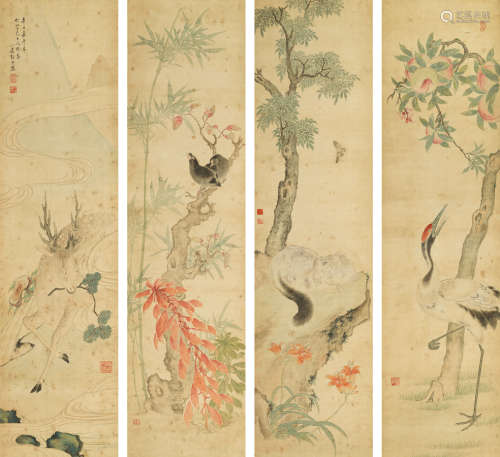 张槃（1905～1999） 辛巳（1941年）作 花鸟 四条屏立轴 设色纸本