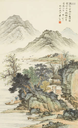 袁松年（1895～1966） 戊子（1948年）作 载酒泛舟图 立轴 设色纸本