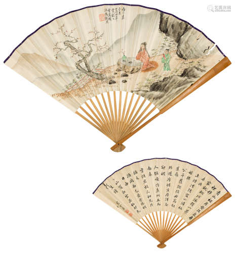 冯超然（1882～1954；1875～？）  蓝云屏 高士赏梅图 书法 成扇 设色纸本