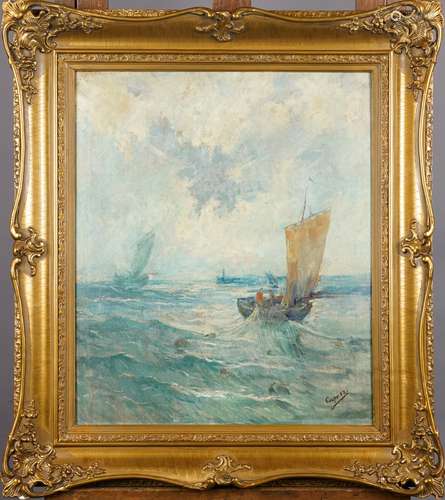 Bateau de Pêche.<br/>Huile sur toile, signée en bas à droite.<br/>haut. 0m70 larg. 0m60