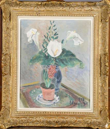 Nature morte (daté 1943).<br/>Huile sur toile, signée en bas à droite. Contresignée au dos.<br/>haut. 0m41 larg. 0m33