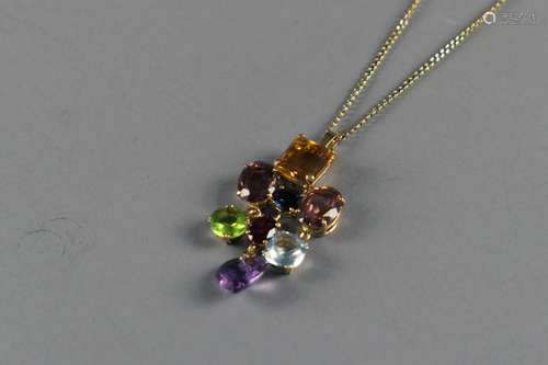 Pendentif Tutti Frutti et son Coulant. Agrémenté d'une citrine, d'un péridot, d'une topaze bleue, d'une améthyste, d'un grenat et de deux tourmalines. Monture en or jaune 18 carats.<br/>Poids: 23,8 g.<br/>Longueur: 50 cm.