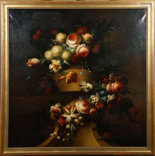 Nature morte aux Fleurs.<br/>Huile sur toile.<br/>haut. 1m14 larg. 1m17